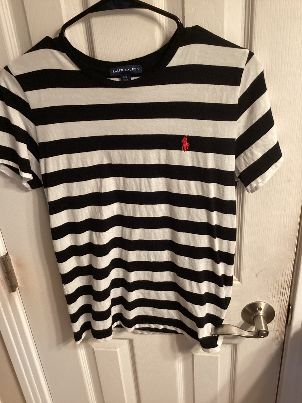 Ralph Lauren, Men’s ,Black & White Striped Crew , Tee,Red Pony,
Size Large